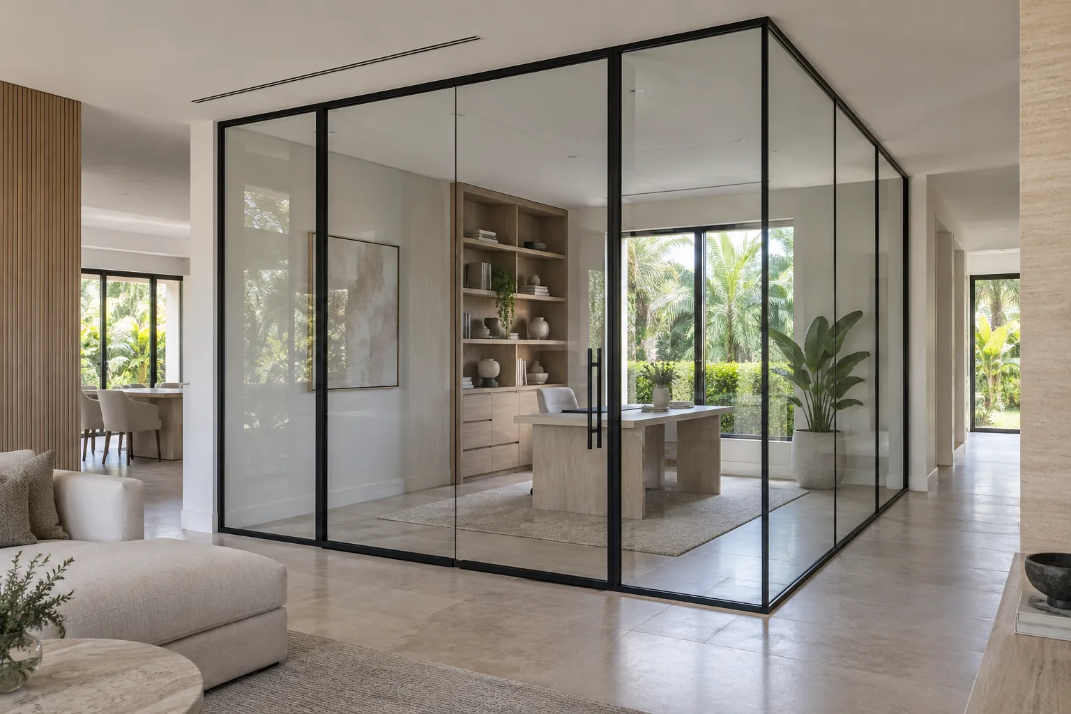 A framed glass study off the living room