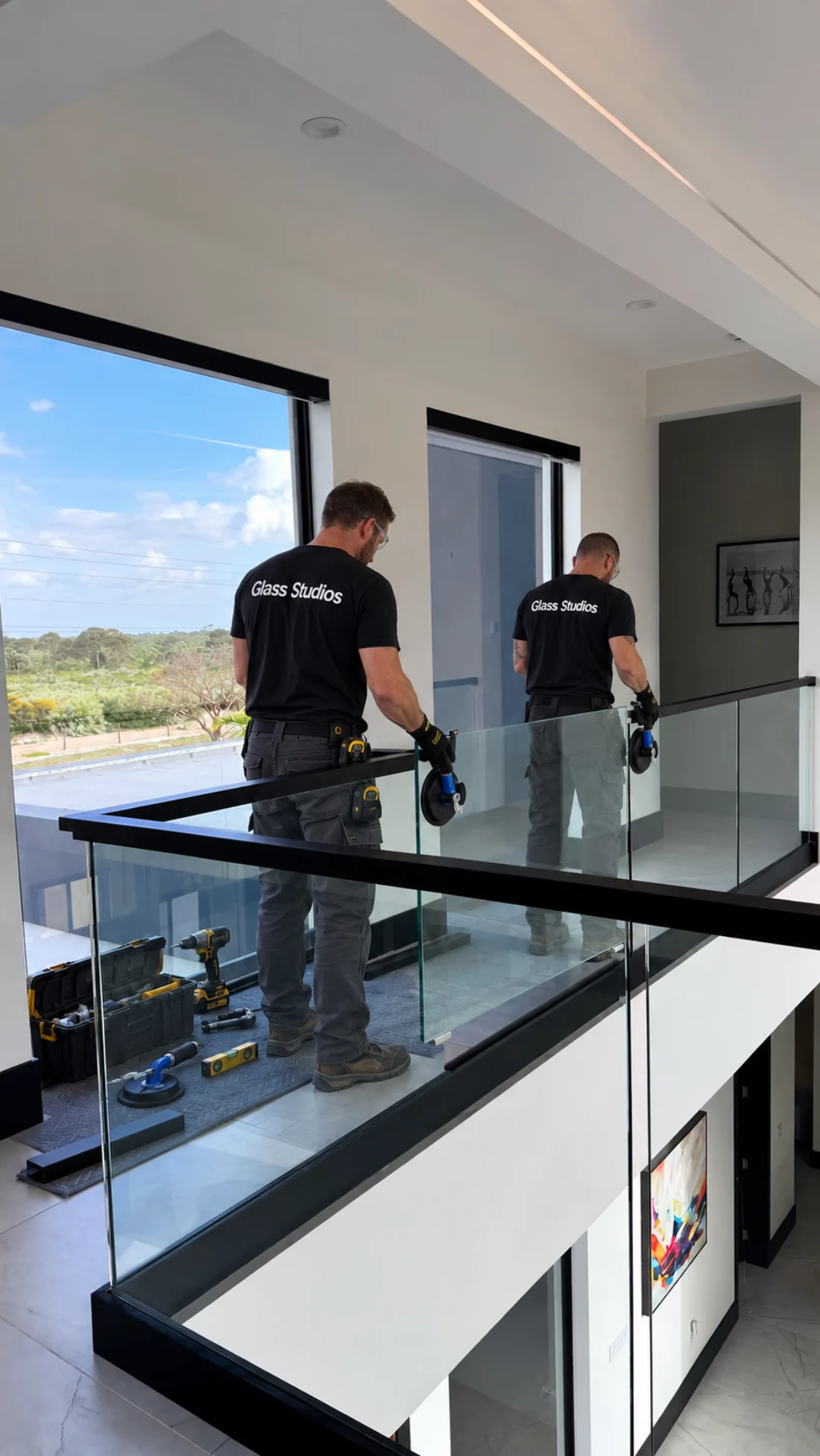 Two installers in Glass Studios shirts setting a glass panel into a railing on an upper landing, tools and suction cups on the floor beside them