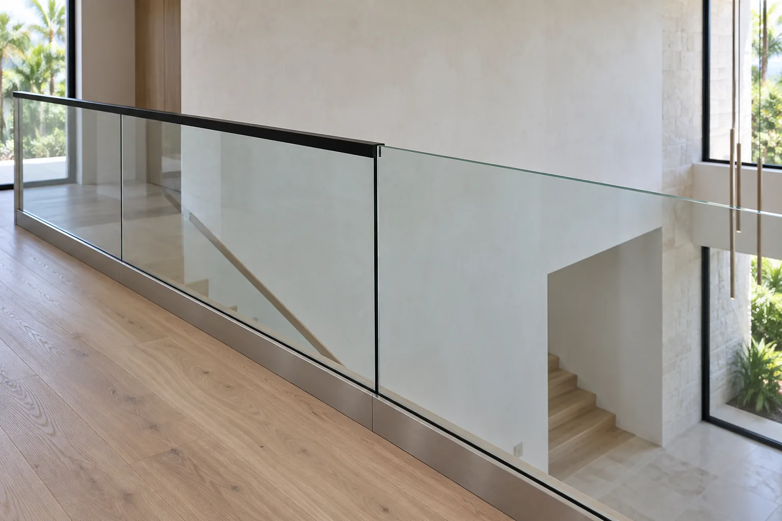 A long run of glass railing along a landing, finished with a slim black top rail