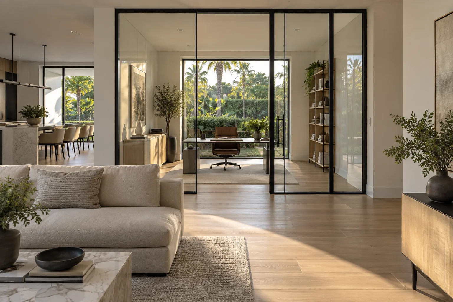 A black-framed glass wall closing a study off a living room with dark floors
