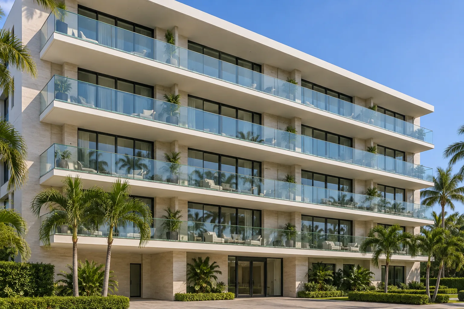 A low-rise condominium façade with glass balcony railings on every floor