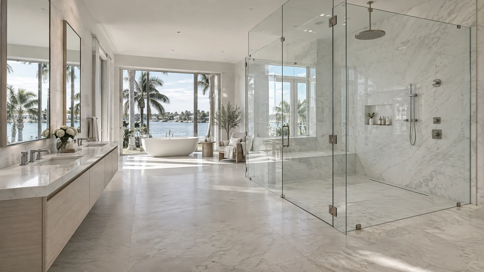 A frameless glass shower enclosure with a hinged door in a marble bathroom