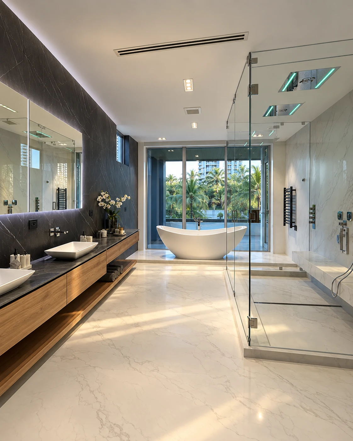 A frameless shower and bath in marble