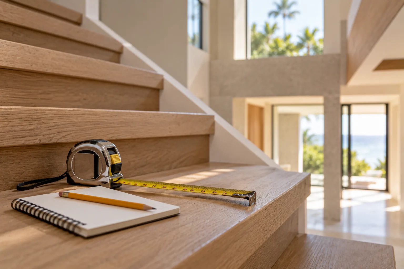 A tape measure and a notepad resting on a stair tread before a measurement