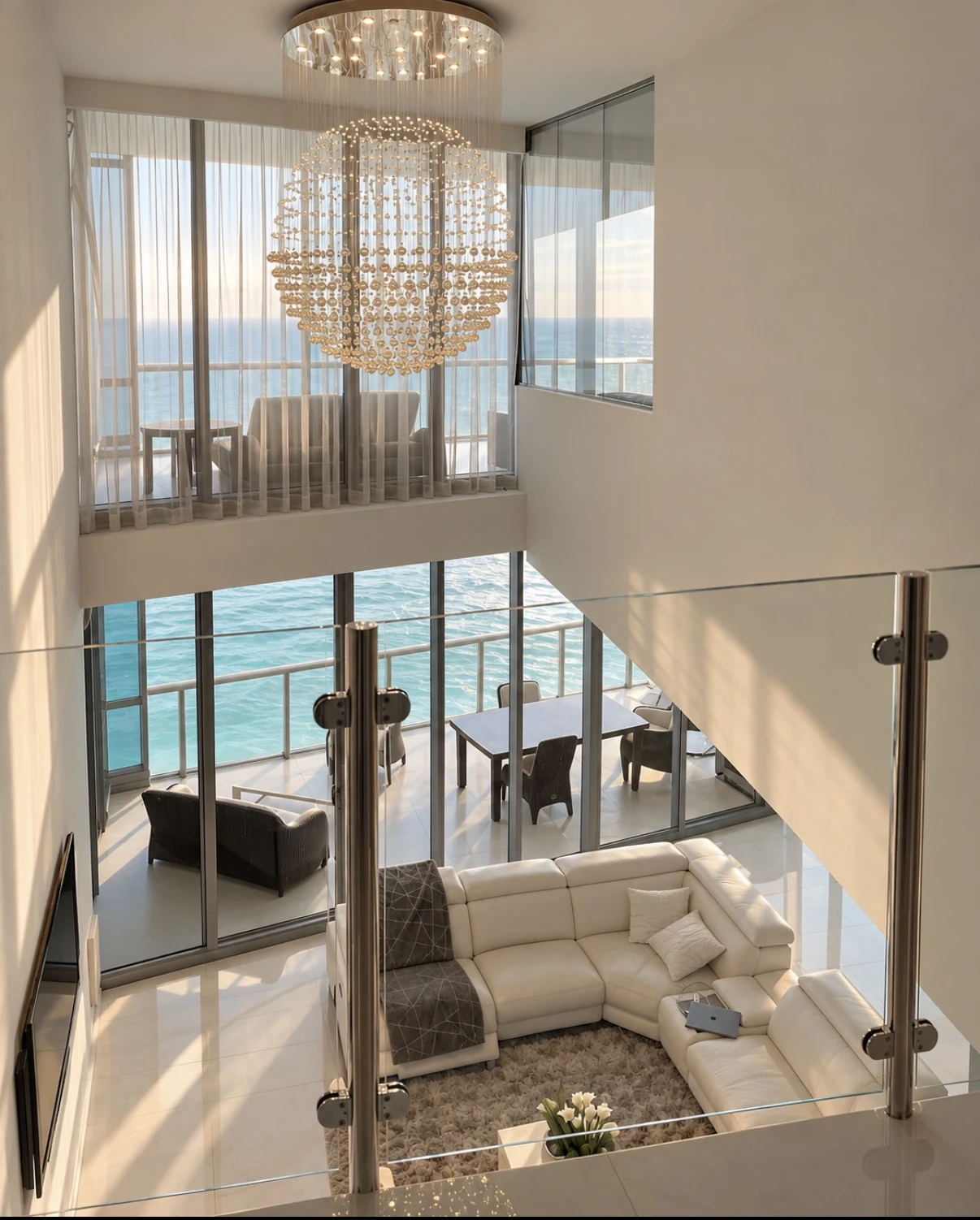 Glass railings above an oceanfront living room