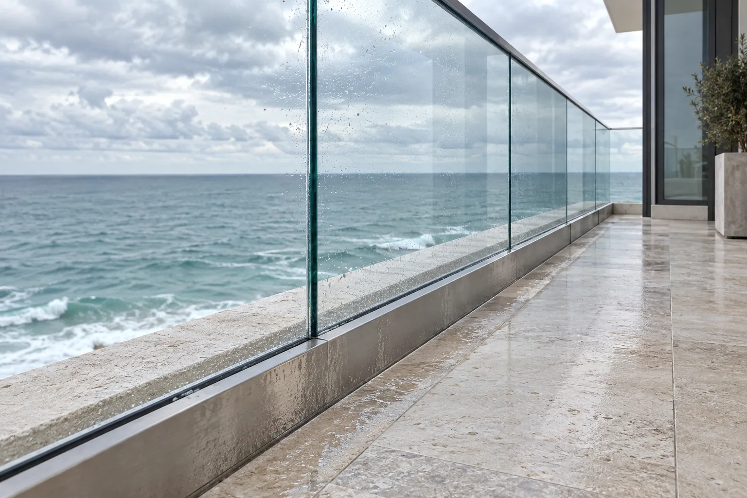 Salt spray drying on a frameless railing set in a stainless channel along an oceanfront terrace