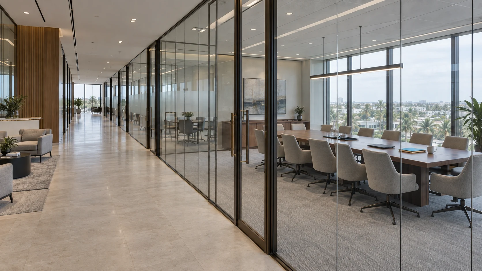 A corridor of framed glass partitions with a meeting room door and a boardroom beyond
