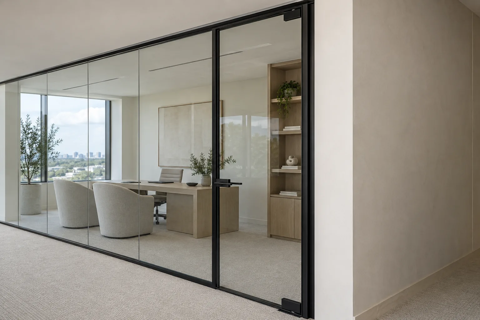 A black-framed glass wall with a sliding door closing an office off a carpeted corridor, the city beyond the window