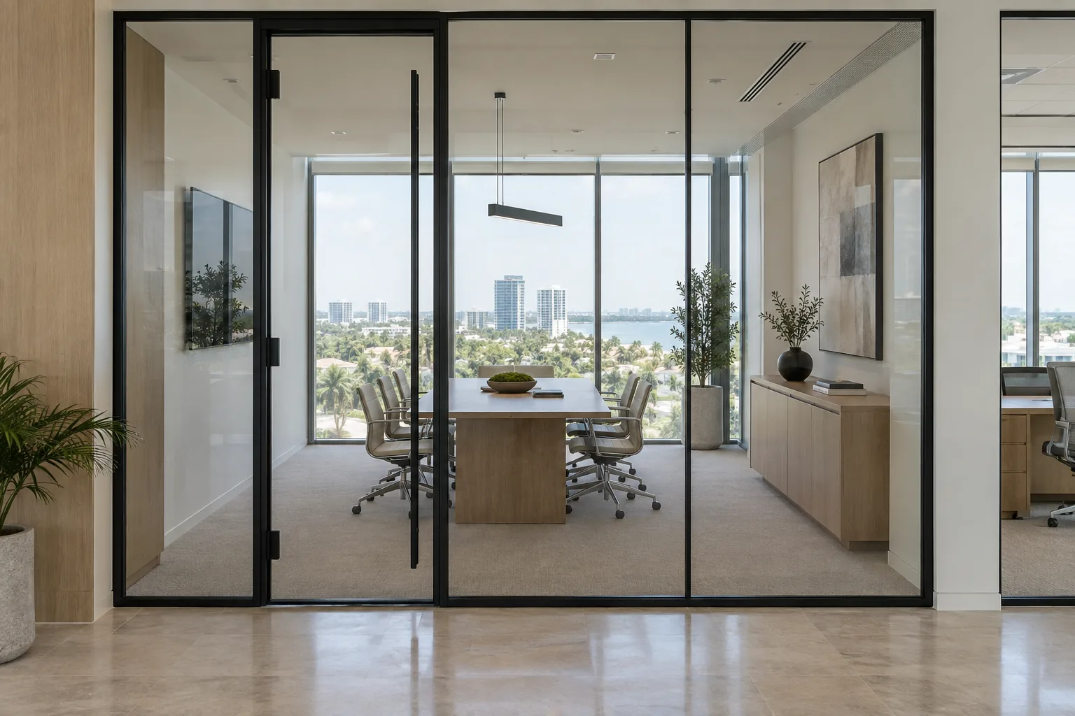 A black-framed glass wall and door closing a boardroom off a corridor, with the bay beyond the windows
