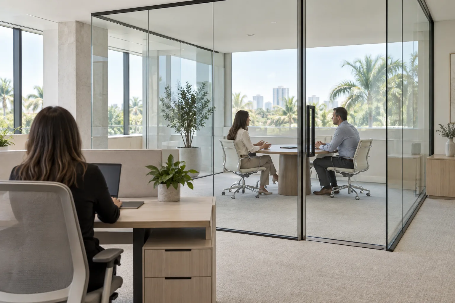 Two people talking in a glass-walled meeting room, seen from a desk in the open office outside it