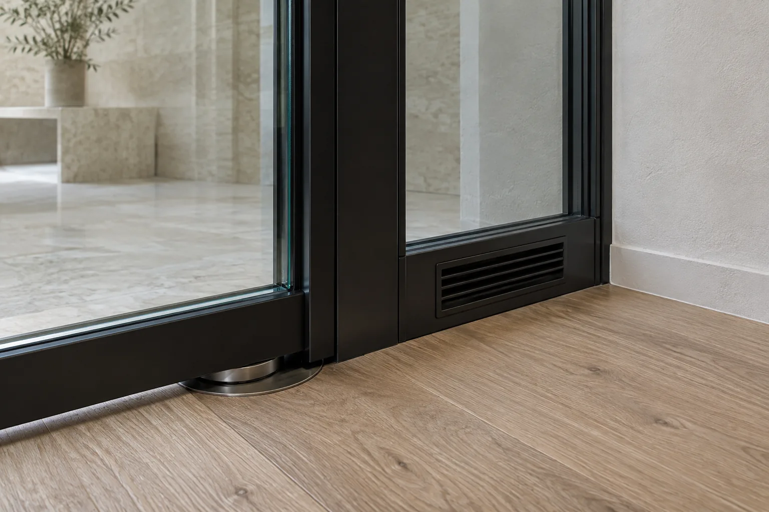The foot of a black-framed glass door: the pivot set into the floor, the threshold, and a ventilation grille in the frame beside it