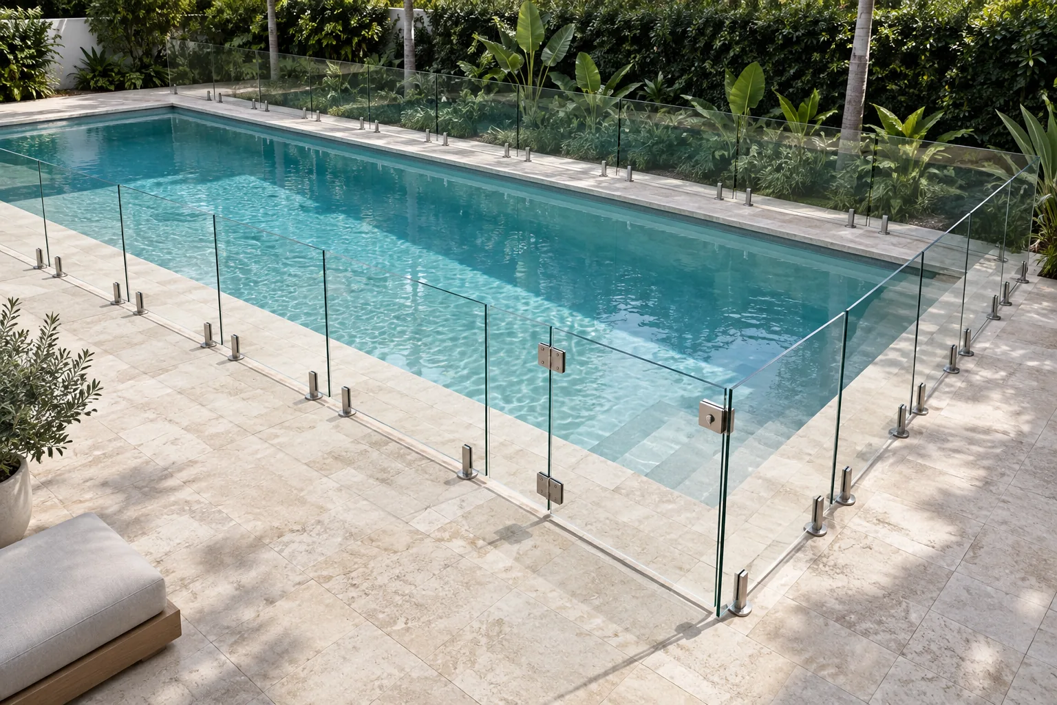 Glass around a pool on a travertine deck
