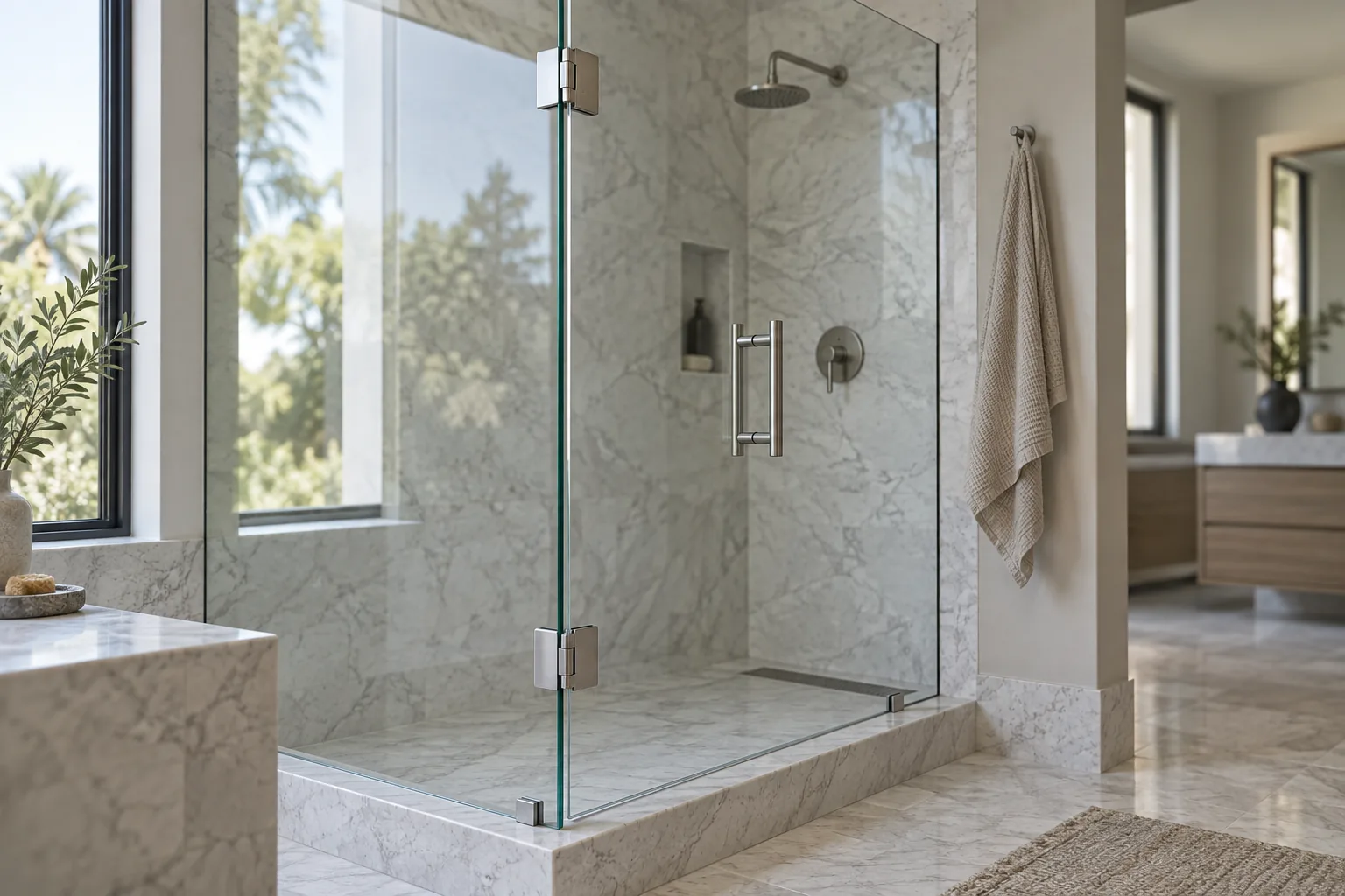 A frameless shower enclosure in a marble bathroom with brushed nickel hinges