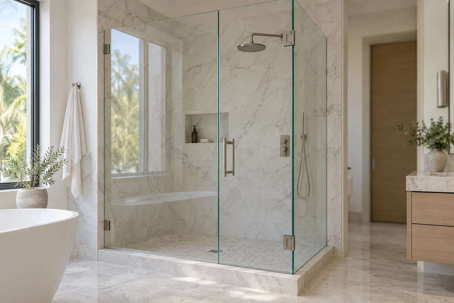 A frameless glass shower enclosure in a marble bathroom, beside a freestanding bath under a window