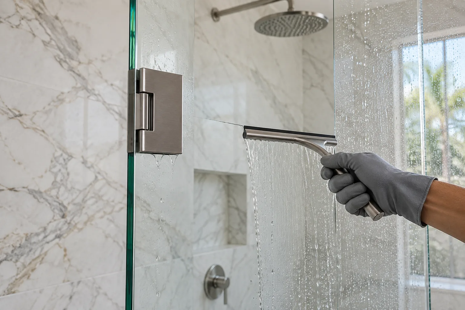 A gloved hand drawing a squeegee down the wet inside face of a shower panel