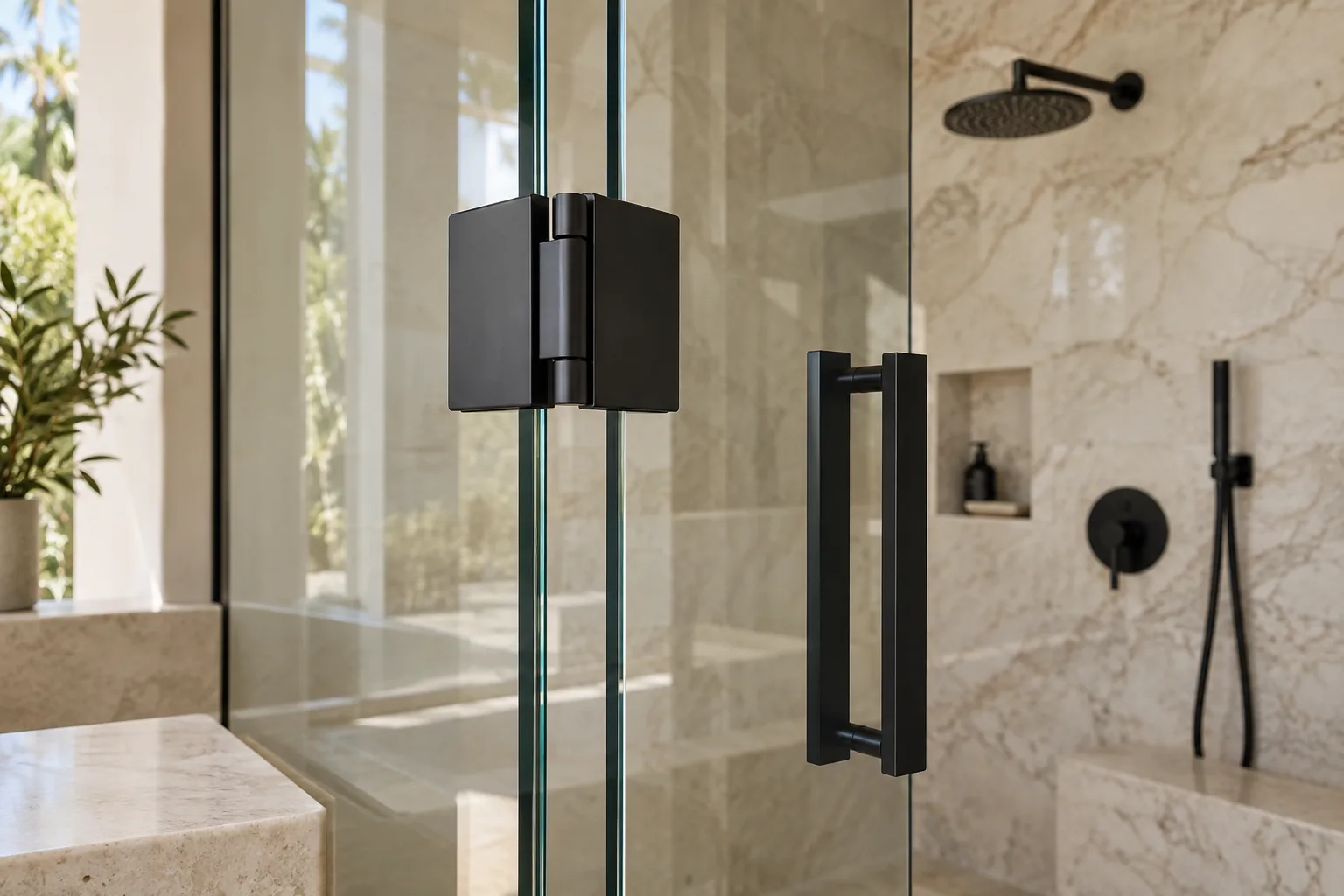 A close view of a matte black hinge and pull on the edge of a clear glass shower door