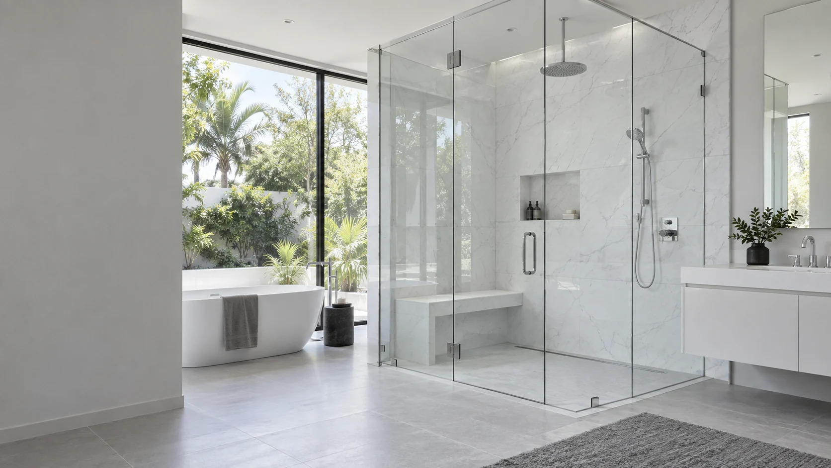 A frameless glass shower enclosure in a marble bathroom, with a freestanding bath and a garden beyond the window