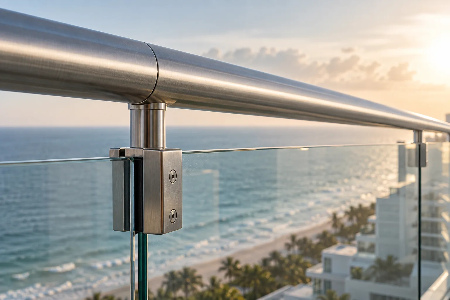 Close-up of a stainless clamp holding a clear glass panel beneath a brushed round top rail, with the ocean behind