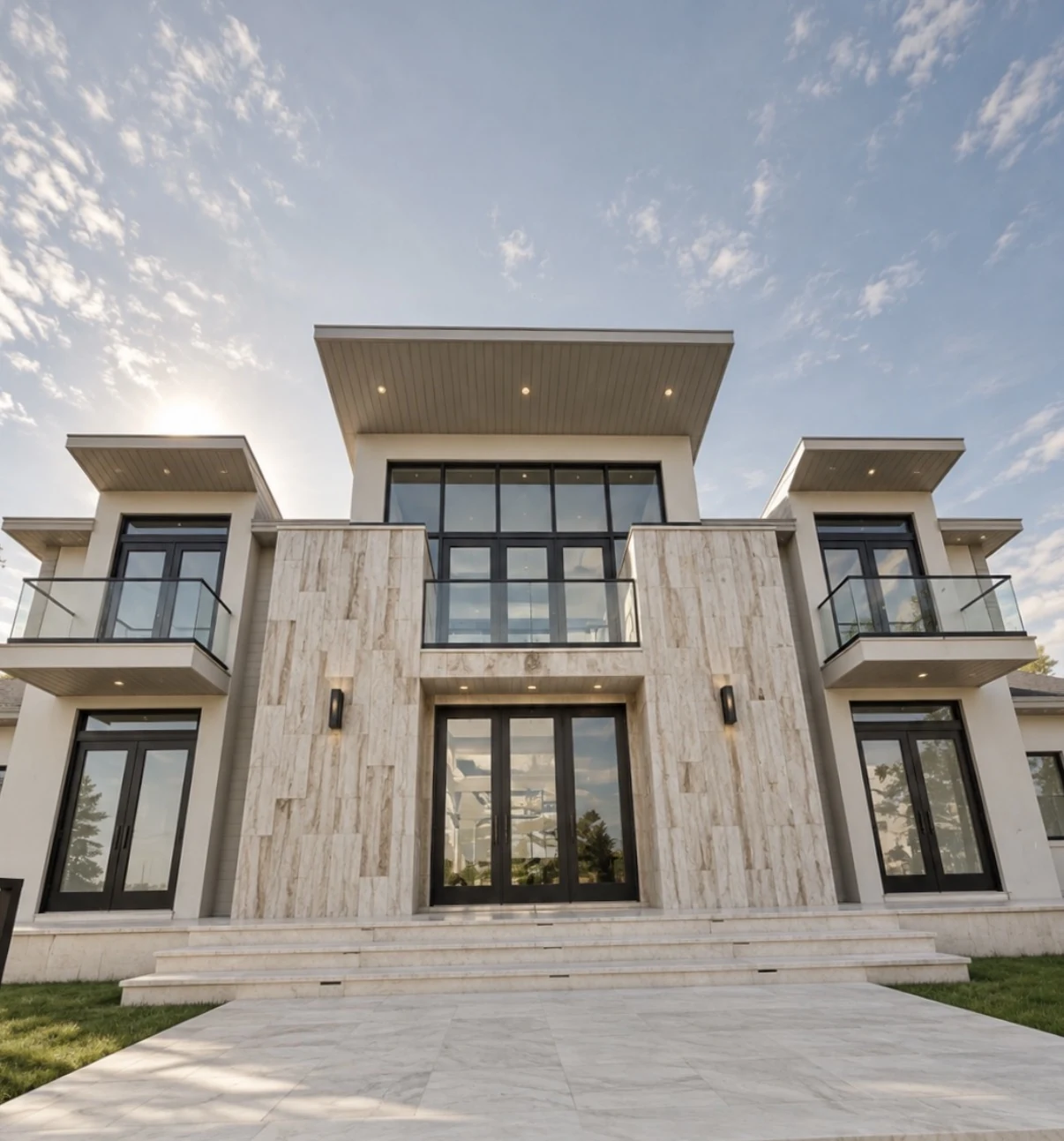 Glass balconies on a stone-clad house