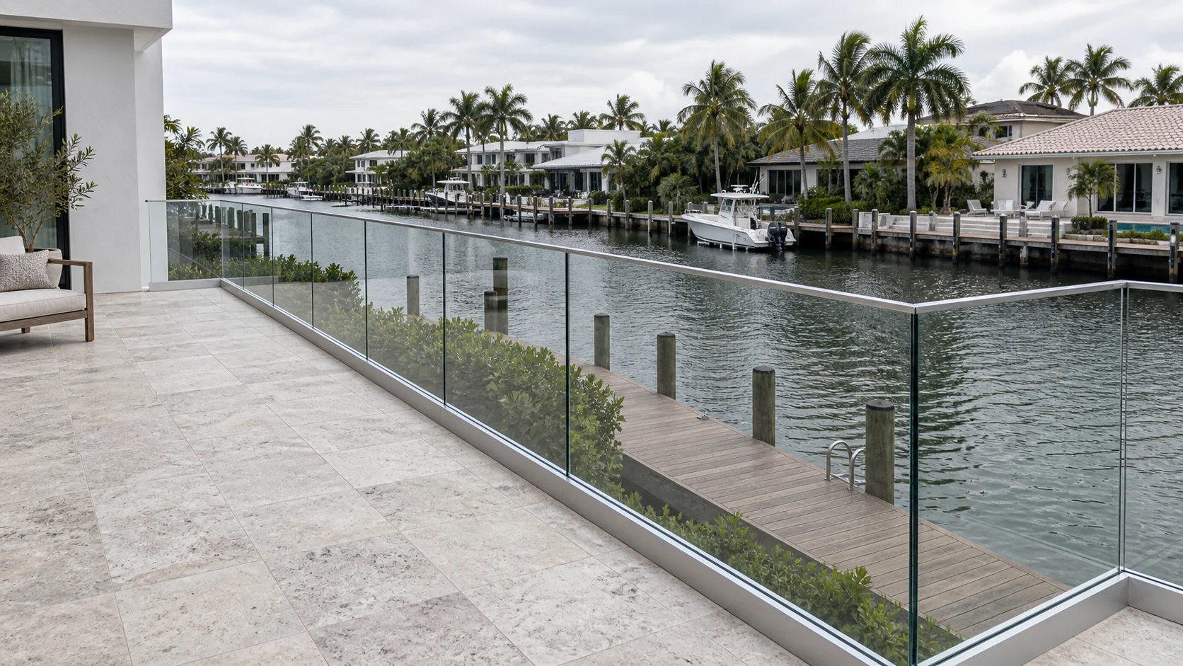 A terrace beside a waterway enclosed by a frameless glass railing on a base channel