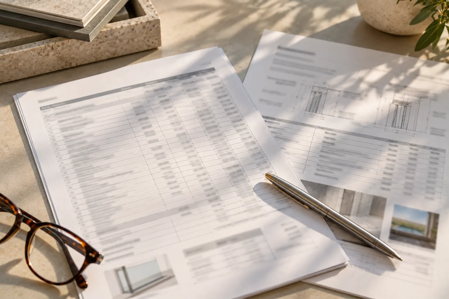Two estimates lying side by side on a stone counter with a pen and reading glasses
