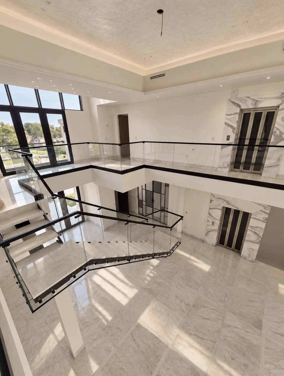 A two-storey hall seen from above, glass railings running along the stair, the landing and the mezzanine
