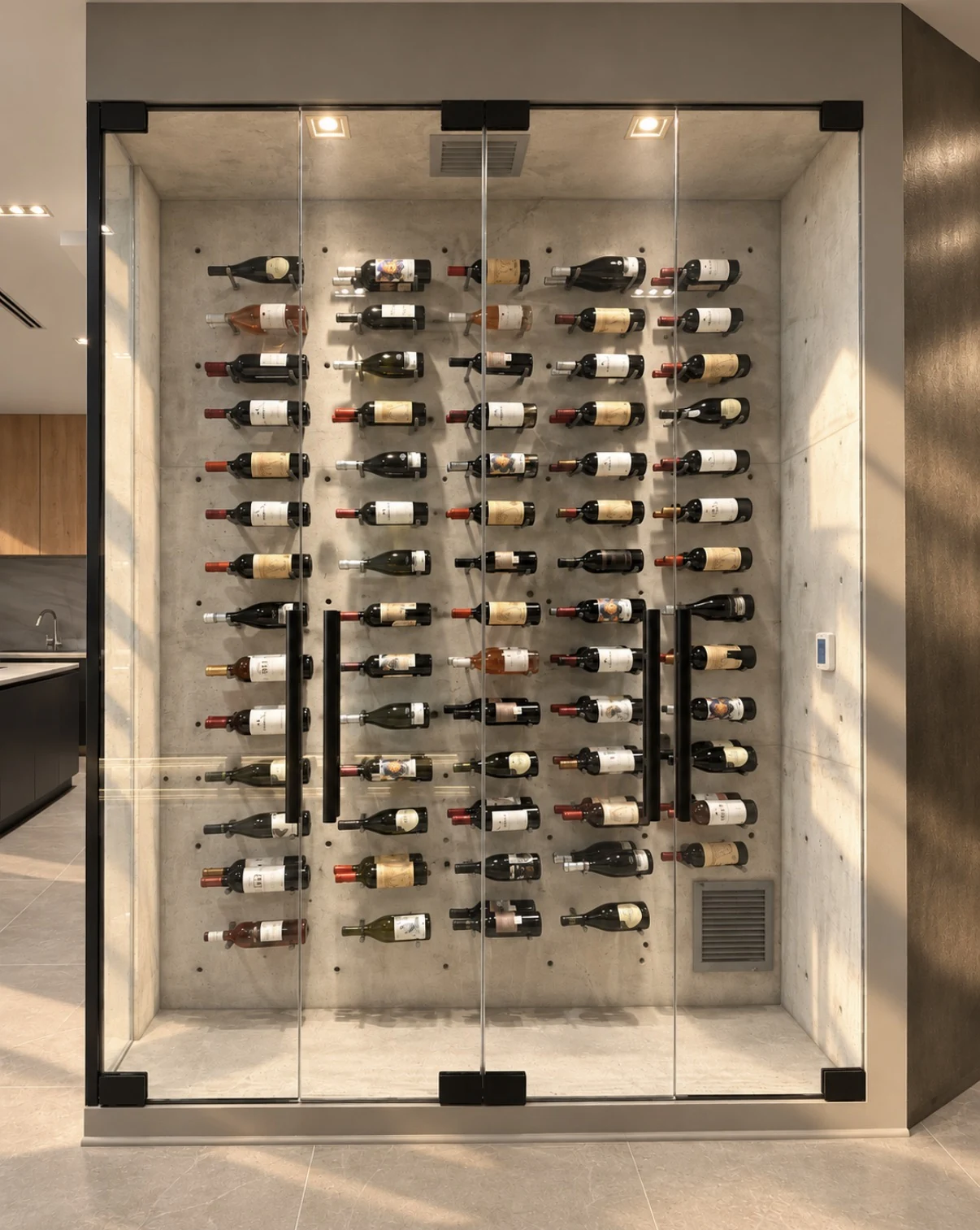 A glass wine room beside the kitchen