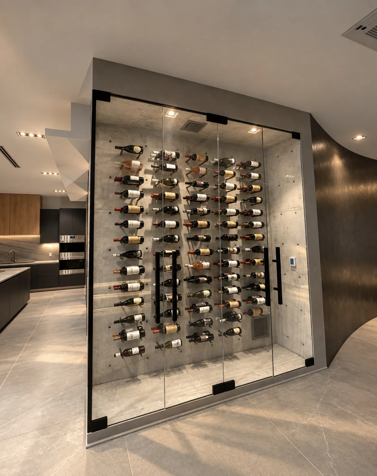 A glass wine room off the kitchen